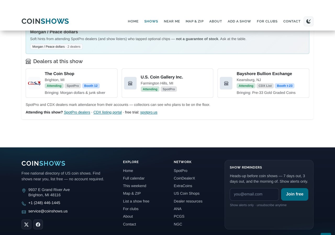 CoinShows show page with Dealers at this show — shop cards collectors see when you mark attending